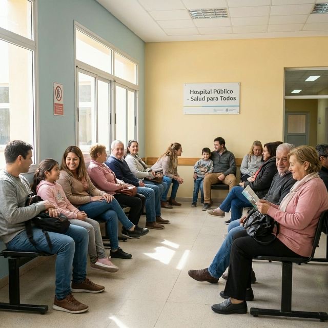 Personas en sala de espera de un hospital público argentino bien iluminado