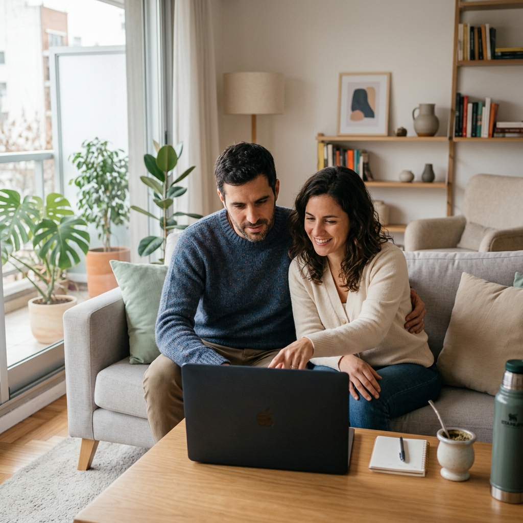 Pareja joven argentina revisando opciones de prepaga premium en su casa con una laptop