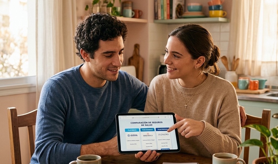 Pareja argentina joven comparando opciones de prepaga en una tablet